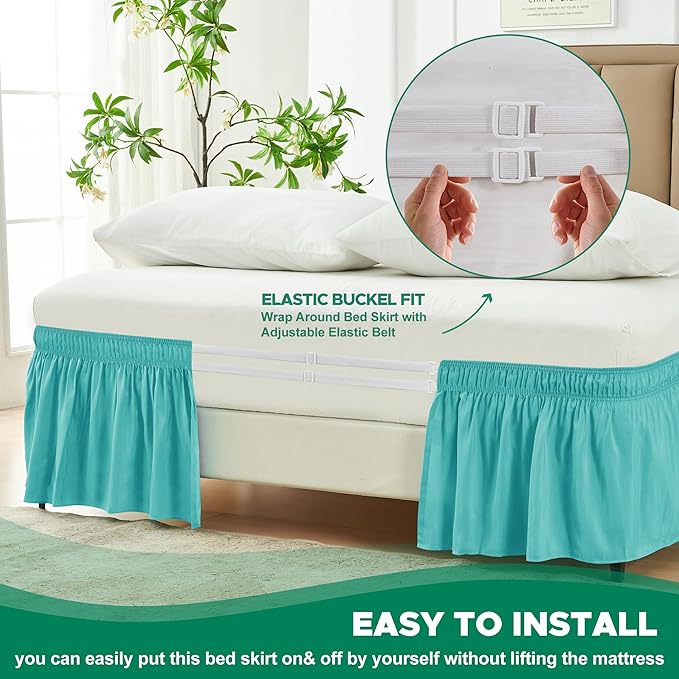 Biscaynebay Wrap Around Bed Skirts for King & Cal King Beds 17" Long Drop, Aqua Adjustable Elastic Dust Ruffles Easy Fit Wrinkle Resistant Silky Luxurious Fabric Machine Washable
