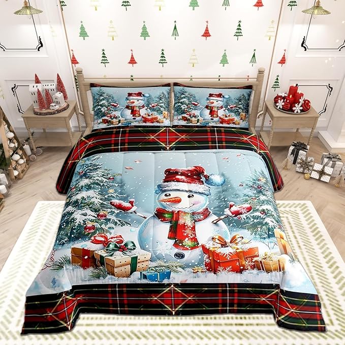 Castle Fairy Xmas Cute Snowman Comforter Set Toddler Size,Merry Christmas Pine Trees Decor Bedding Set for Kids Boys Girls,Vintage Red Green Checkered Plaid Quilted Set with 1 Pillowcase, Polyester