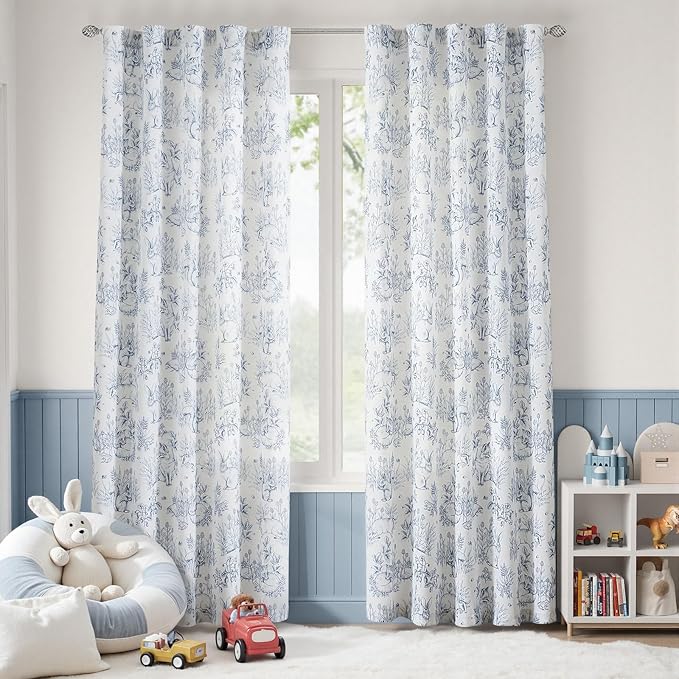 jinchan Linen Nursery Curtains 84 inch Long Woodland Wildlife Blue Print Drapes for Kid's Room Light Filtering French Country Farmhouse Curtains with Bunny and Forest Design Set of 2 Panels