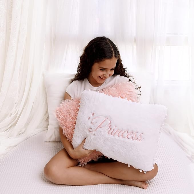 Perfectto Design Set of 2 Decorative Pillows for Toddler Kids Room. White Fluffy Princess Embroidered and Furry Pink Faux Fur Pillow. Soft and Plush Throw Pillows for Kid’s Bedroom Décor