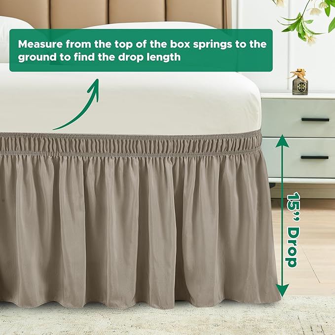 Biscaynebay Wrap Around Bed Skirts for Full & Full XL Beds 15" Drop, Taupe Adjustable Elastic Dust Ruffles Easy Fit Wrinkle & Fade Resistant Silky Luxurious Fabric Machine Washable