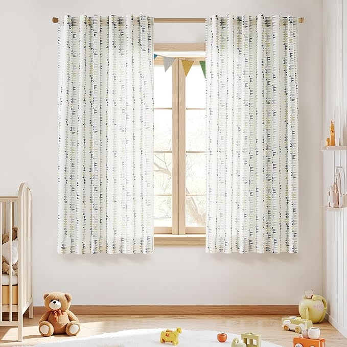jinchan Linen Nursery Curtains for Living Room Boho Curtains for Bedroom Kids Room 63 Inches Long Geometric Printed Farmhouse Drapes Rod Pocket Window Treatment Curtain Set of 2 Panels Indigo-Gray