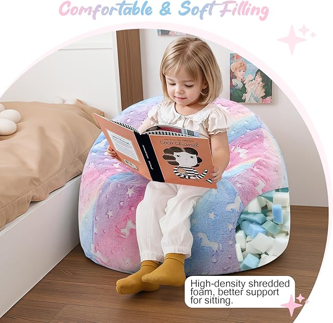 COMAX Unicorn Bean Bag Chairs for Kids, Toddler BeanBag Sofa with Filler Bean Couch Stuffed for Boys and Girls, Lazy Floor Chair for Playroom, Nursery Room, Glowing Rainbow