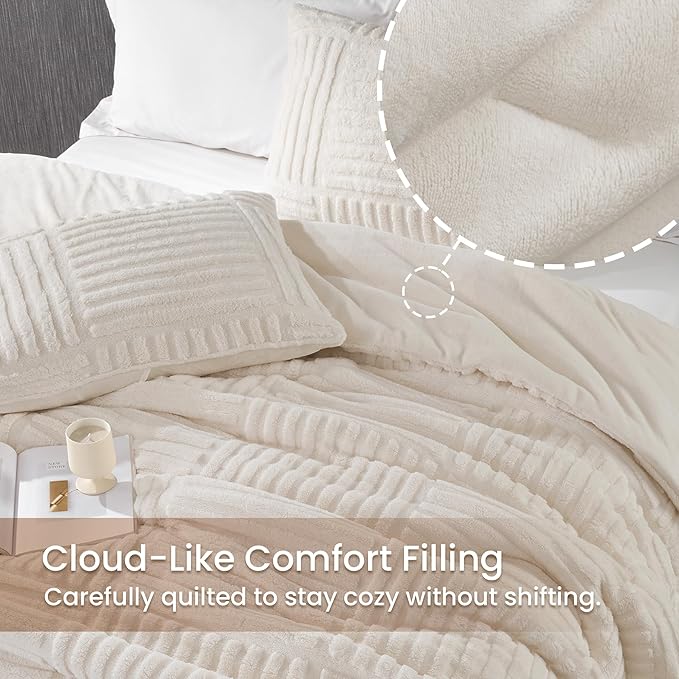 Amélie Home Queen Comforter Set, Beige Fleece Bedding Set with Stripe Jacquard, Soft Fluffy Bedding Set for Winter, 3 Pieces, 1 Warm Comforter and 2 Pillowcases