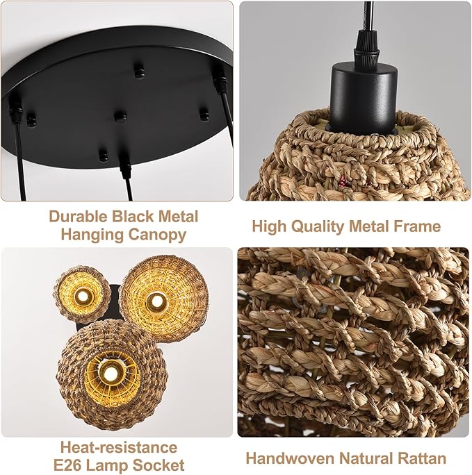 3-Light Rattan Chandelier, Boho Wicker Pendant Light Fixtures,Coastal Hand-Woven Ceiling Hanging Lights for Kitchen Island Dining Room Bedroom Farmhouse