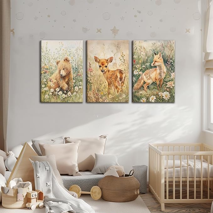 3Pcs Woodland Animal Nursery Canvas Wall Art Forest Animal Nursery Poster Prints Cute Wild Animals Painting Bear Deer Fox Artwork Picture Wall Decor for Boys Girls Room Playroom 12x16in Framed