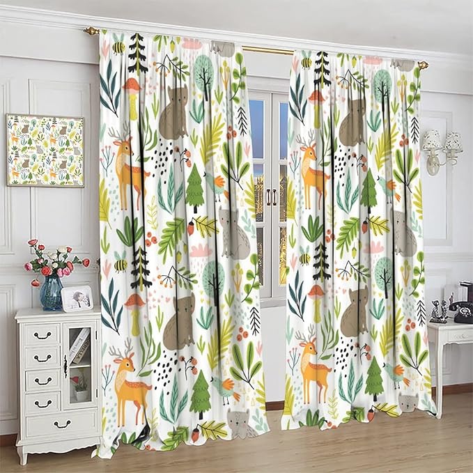 Cartoon Forest Kids Blackout Curtains,Cute Woodland Wild Animals Colorful Deer Plants Trees Print Pattern Thermal Insulation Window Drapes for Nursery Boys Girls Bedroom,White Background 42x63in