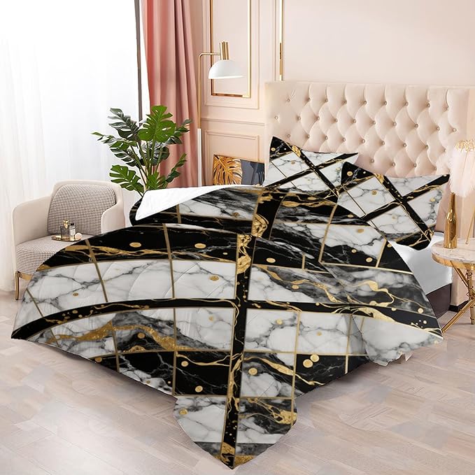 White Marble Comforter Set: Twin Size Geometric Black and Gold Bedding Sets Abstract Marbling Quilts for Teens Kids Modern Aesthetic Bed Set 1 Comforter & 1 Pillowcase