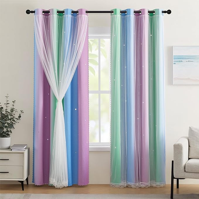 XiDi Girls Curtains for Bedroom 96 Inches Long 2 Panels Green Purple Blue Rainbow Blackout Curtains for Little Girl Kids Room Decor Living Room, Princess Unicorn Wall Decals Drapes 34x96