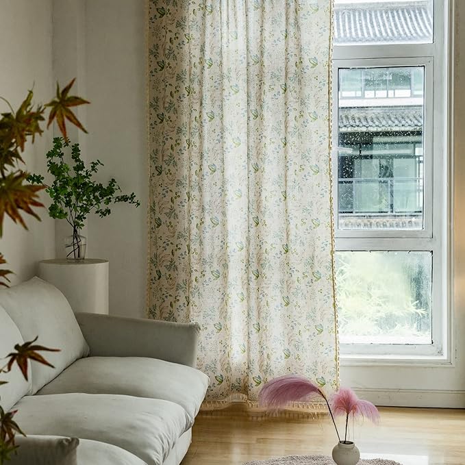 ENJOYBRIDAL Leaf Curtains 84 Inch Length 2 Panels Tassel Boho Semi Sheer Drapes Bedroom Living Room Farmhouse Floral Rustic Country Rod Pocket Cotton Linen Blend Window Curtain Panel