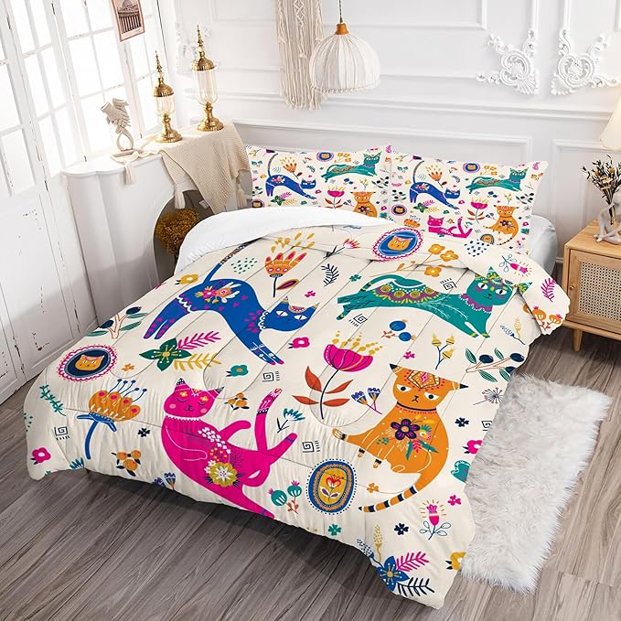 Cat Comforter Set Twin: Cute Floral Cats Twin Bedding Sets for Girls Kids Teens Toddler Cartoon Flowers Kawaii Animals Print Quilt Duvet Bed Set with 1 Comforter & 1 Pillowcase