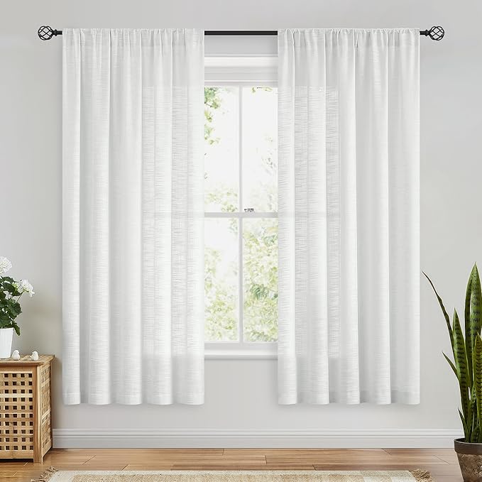 FMFUNCTEX Linen Semi Sheer White Curtains for Bedroom Living Room, Curtain Panels 72 Inches Length Sheer Linen Textured Window Drapes Farmhouse Light Filtering 2 Panels Rod Pocket