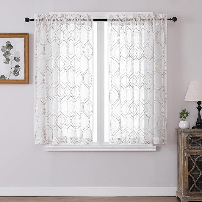 VISIONTEX White Sheer Curtains 54 Inch Length 2 Panels Set Brown Moroccan Embroidered Curtains Trellis French Textured Rod Pocket Voile Tulle Semi Window Drapes for Bedroom Living Room 54 x 54 Inches