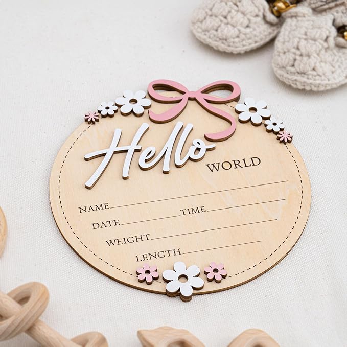 Wooden Baby Announcement Sign 6 Inch Round Birth Stat Plaque with Floral and Bow Design (Hello World)