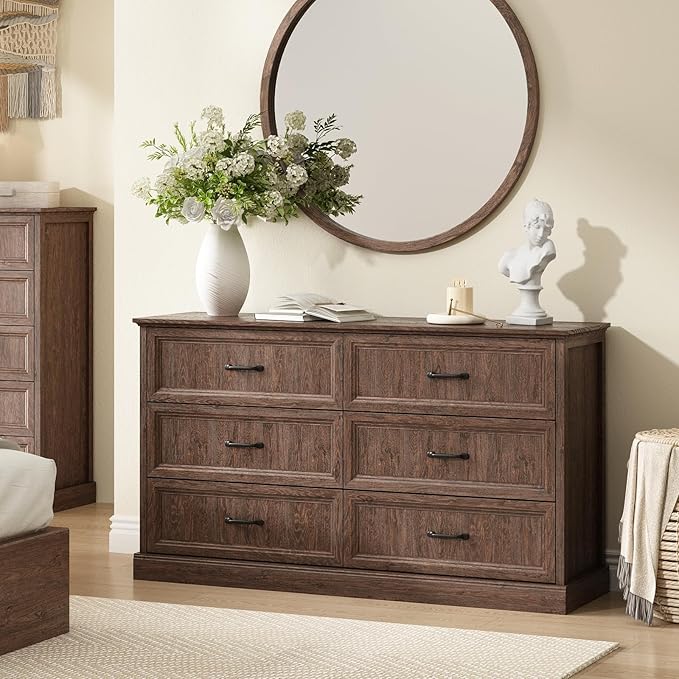 CARPETNAL Farmhouse Dresser and Nightstand Sets for Bedroom, 3 Pcs Bedroom Set, 6 Drawer Dresser & Nightstand Set of 2, Modern Wood Chest of Drawers for Bedroom, Living Room, Entryway, Brown