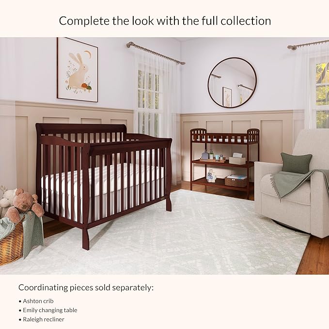 Dream On Me Emily Changing Table, Compact and Portable, Solid New Zealand Pinewood, Safety Rails, Two Storage Shelves, Includes Water-Resistant 1" Changing Pad — Cherry