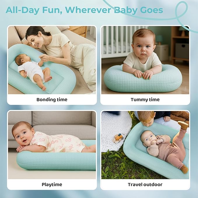Baby Lounger for Newborn - Infant Lounger 0-24 Months with Lounger Cover, Cooling Baby Nest Lounger, Breathable Waffle Fabric & 3D Support, Portable Newborn Essentials, Blue