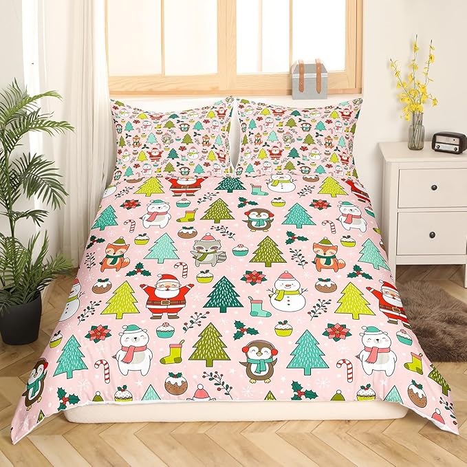 Manfei Christmas Duvet Cover Set Twin Size, Santa Claus Xmas Trees Animals Snowman Bedding Set 2pcs for Kids Girls, New Year Comforter Cover Soft Polyester Quilt Cover with 1 Pillowcase,No Comforter