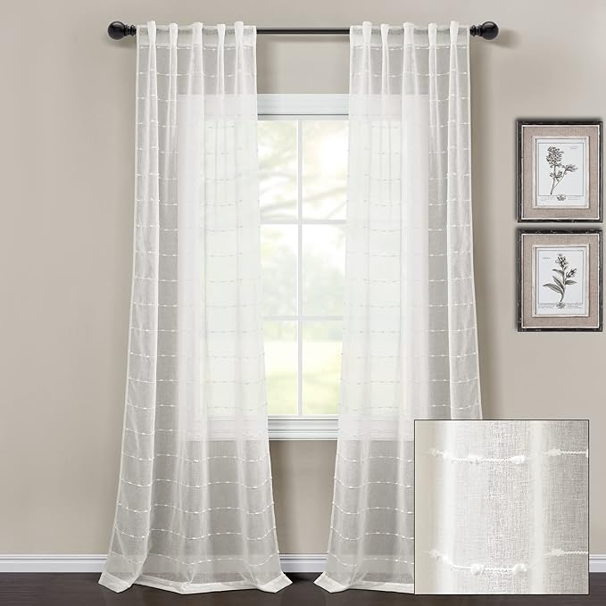 Lush Decor Farmhouse Textured Back Tab/Rod Pocket Sheer Window Curtain Panel Pair, 38"W x 84"L, White