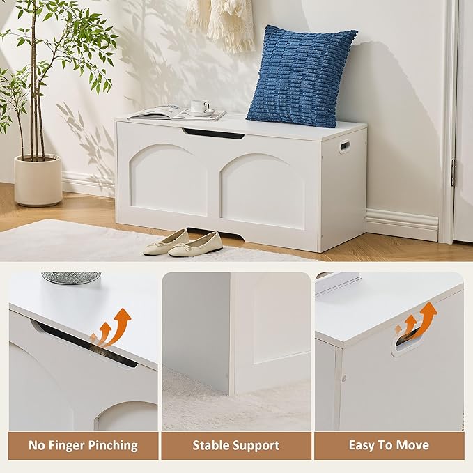39.4" Storage Chest, Wooden Storage Bench Trunk, Upgraded Safety Lift Support Hinge, Large Entryway Bench Box, Supports 330 lb U-Shaped Opening for Entryway, Hallway, Living Room, Ivory White