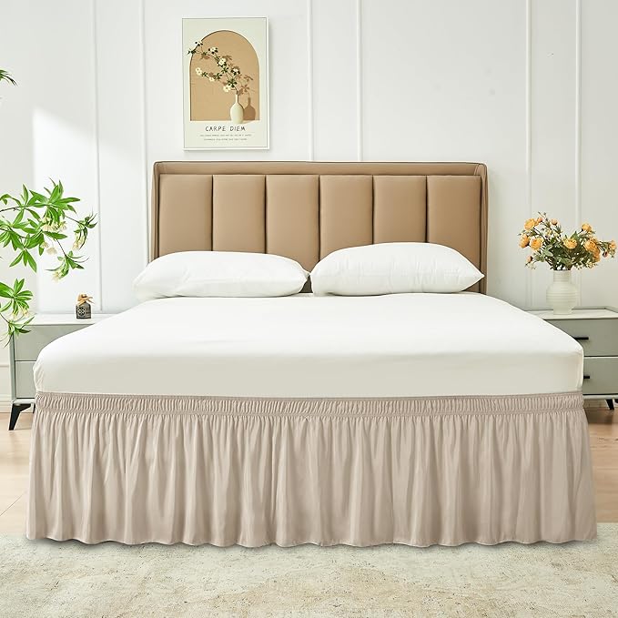 Biscaynebay Wrap Around Bed Skirts for Queen Beds 19" Long Drop, Light Camel Adjustable Elastic Dust Ruffles Easy Fit Wrinkle & Fade Resistant Silky Luxurious Fabric Solid Machine Washable