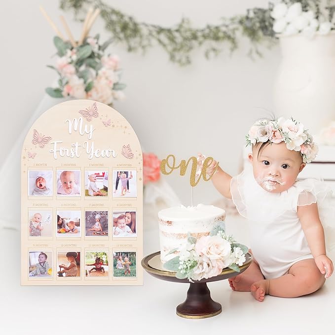 YOUAME My First Year Birthday Wooden Photo Board - Butterfly Themed First Year Milestone Photo Board, 12 Months Baby Girl Birthday Picture Wood Frame, Girls Pink Birthday Party Decorations