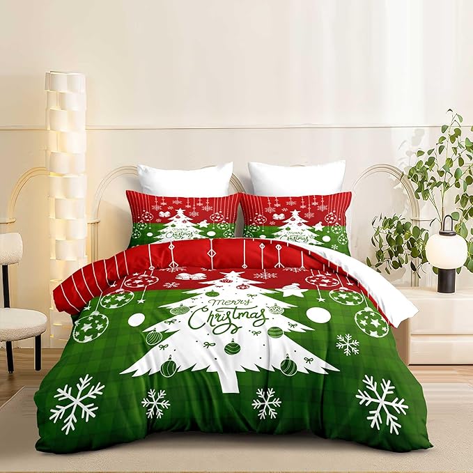 Red Christmas Duvet Cover Queen Size Green Christmas Tree Gingham Bedding Set 3 Pcs Kids Boys Girls Checked Holiday Pattern Comforter Cover with Zipper Closure