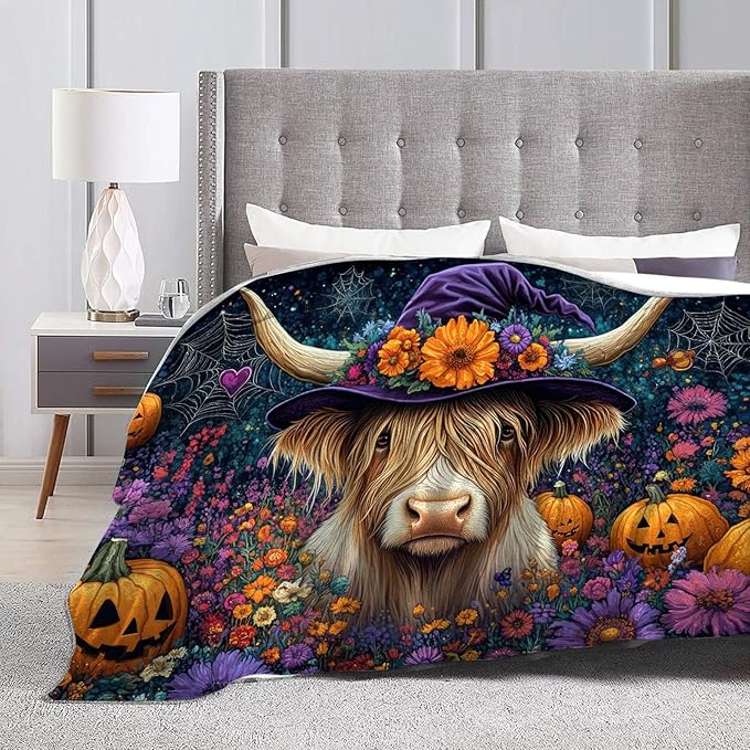 Tijuboni Highland Cow Pumpkin Throw Blanket for Girls Boys Women Men Kids Adults Soft Flannel Fleece Blanket for Couch Sofa Bed Home Decor 50"x60"
