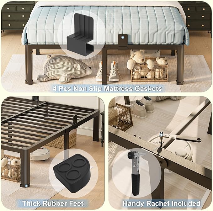 14 inch Queen Bed Frame with Round Corner Legs Mattress Slide Stopper,3500 lbs Heavy Duty Metal Platform,Steel Slats Support,No Box Spring Needed,Easy Assembly,Noise Free