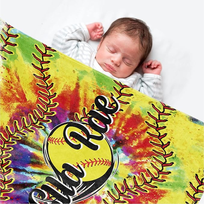 Personalized Softball Kids Blanket with Name and Number - Custom Sport Bed Blankets Gift for 0-3 Months Baby Essential - Super Warm and Comfortable 50x60inch