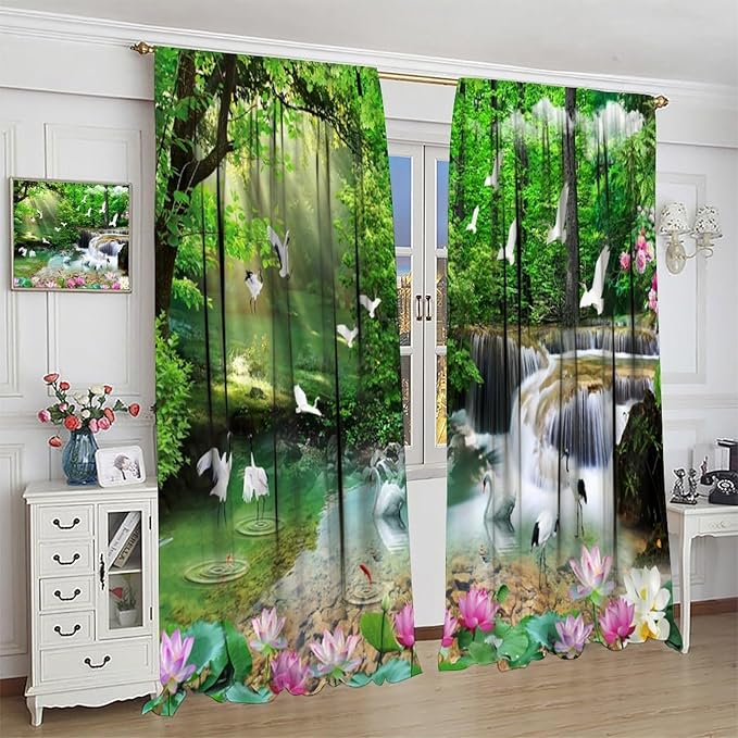 Nature Blackout Curtain, Waterfall Landscape Forest Swan Fish Pattern Rod Pocket Window Drapes, for Bedroom Living Room 42" W X 63" L