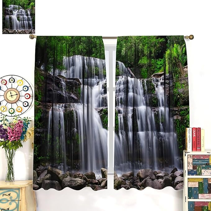 Natural Scenery Blackout Curtains, Spring Rustic Forest Waterfall River Landscape Window Drapes, for Bedroom Living Room 42" W X 45" L