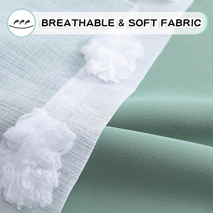 MYSKY HOME Aqua Living Room Curtains Kids Curtains for Boys Bedroom 84 Inches Long Double Layer Curtains for Kids Room Darkening Grommet White Pom Pom Sheer Blackout Curtains 52 x 84 Inch 2 Panels