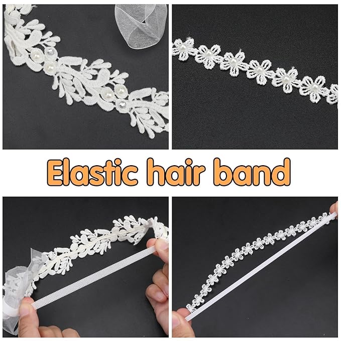 Elegant White Flower Christening Headbands for Baby Girl, Elastic Soft Lace with Cute Tulle Pearl Hair Strap, Stretchy Baptism Halo for Pure Newborns Infants Toddlers (Over 6 Months) (2 Pack 18-20in)