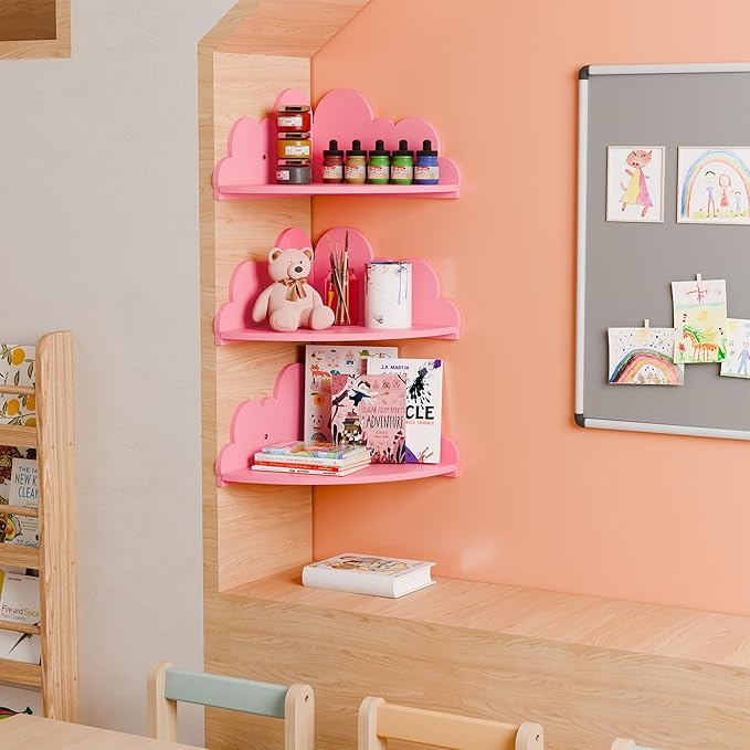 Cloud Floating Corner Shelves - Set of 3 Cloud Corner Wall Shelves for Kid’s Room, Corner Shelf Nursery Wall Deor, Small Cute Cloud Dispaly Shelf Wall Mounted for Toys, Plants & Storage,Pink.