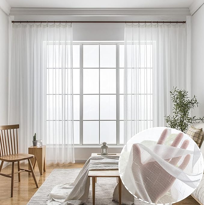 Off White Sheer 105 Inch Curtains Long 2 Panels, Thin Textured Linen Look Drapes for Living Room, Rustic Ivory See Through Window Decor, DIY Pinch Pleat Sliding Glass Door Curtain