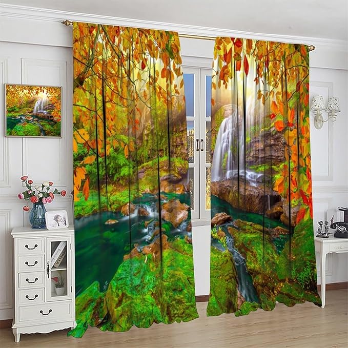 Waterfall Blackout Curtains, Waterfall Landscape Autumn Nature Leaves Forest Window Drapes, for Bedroom Living Room 42" W X 54" L