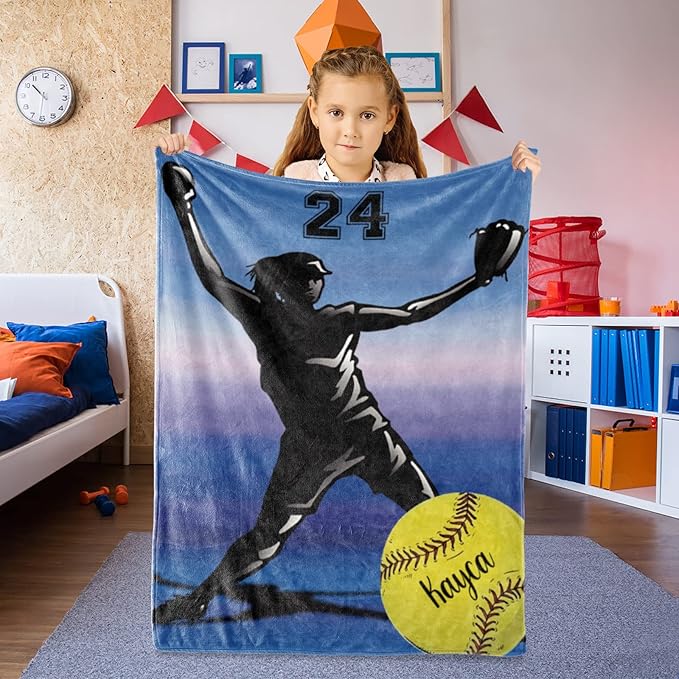 Custom Softball Blanket with Name Number: Personalized Fluffy and Warm Gift for Baby Toddler Kids and Adults Birthday Skin-Friendly Flannel Fabric(60x80inch)