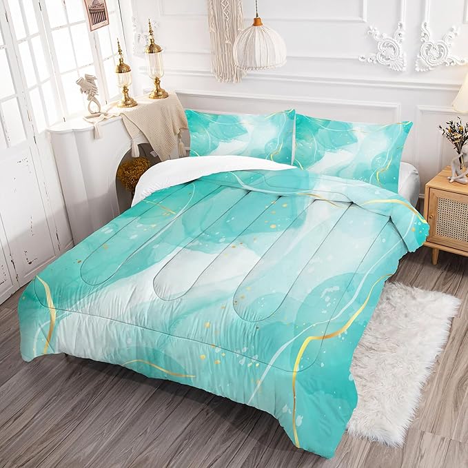 Teal Comforter Set Queen: Blue Green Marble Bedding Sets for Women Girls Boys Bedroom Luxury Cyan Blue Quilt Abstract Gold Bed Set 1 Comforter & 2 Pillowcases