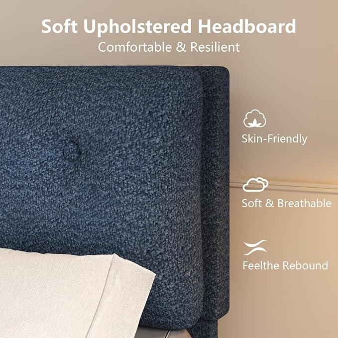 Full Size Bed Frame with Headboard, Cloud Boucle Upholstered Bed Frame, Modern Soft Style, Adjustable Headboard, No Box Spring Needed, Easy Assembly, Blue