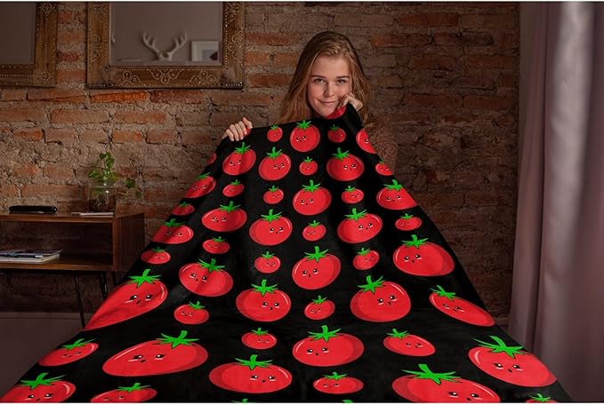 Thuswarm Cute Tomato Kawaii Black Flannel Throw Blanket Warm Cozy Soft Funny Print Blankets for Bed Couch Sofa Room Decoration Gifts 80”×60” Large for Adult