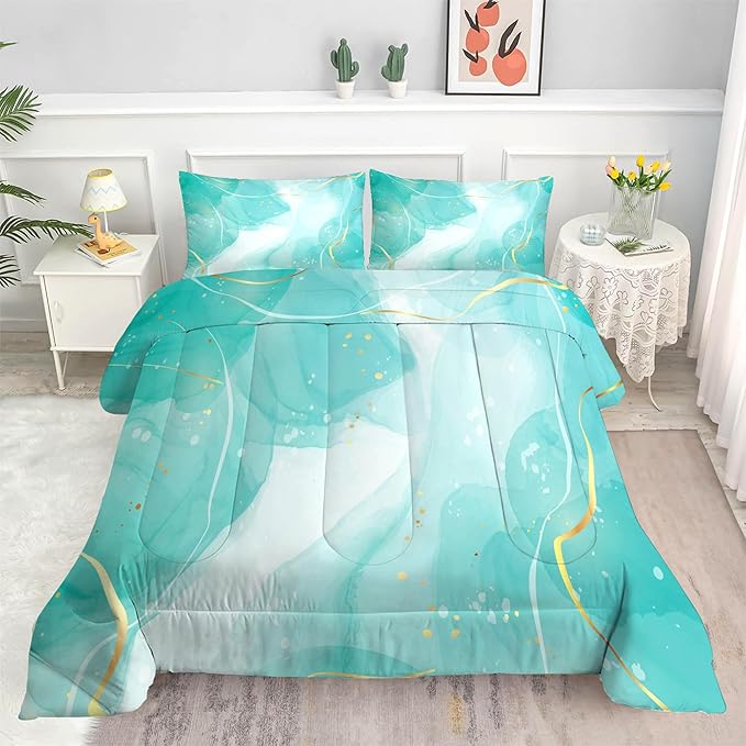 Teal Comforter Set Full: Blue Green Marble Bedding Sets for Teen Girls Kids Aqua Teal and Gold Abstract Marbling Quilts Mint Green Bed Set 1 Comforter & 2 Pillowcases