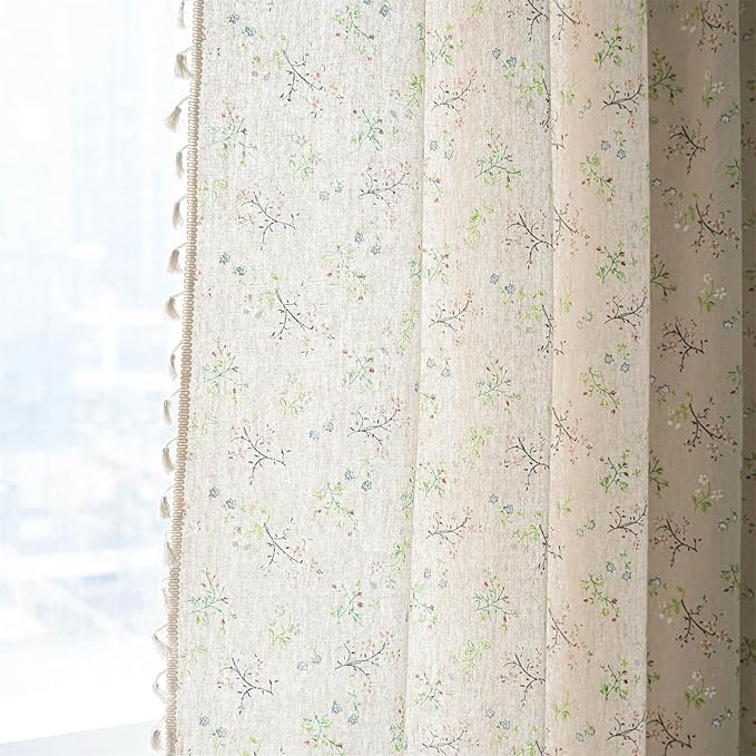 ENJOYBRIDAL Floral Farmhouse Curtains 96 Inches Long Semi Sheer Living Room Drapes Boho Light Filtering Vintage Decor Window Curtain Panels with Tassel Beige Rod Pocket Bedroom Drapes, 4 Panels
