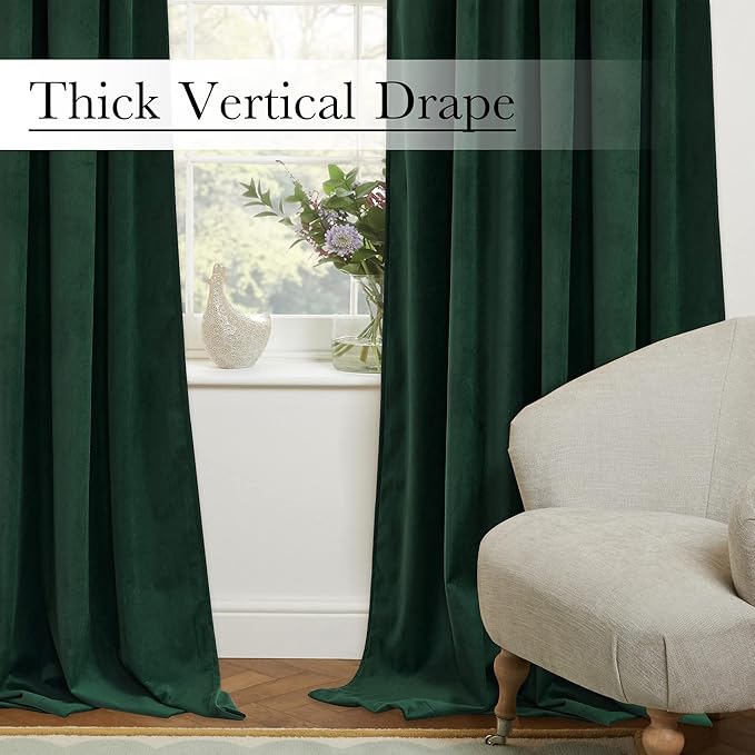 StangH Dark Green Velvet Curtains 2 Panels - 90 inches Skin Friendly Thermal Insulated Soft Velvet Fabric for Bedroom/Living Room/Dining Room/Rustic Decor, W52 x L90