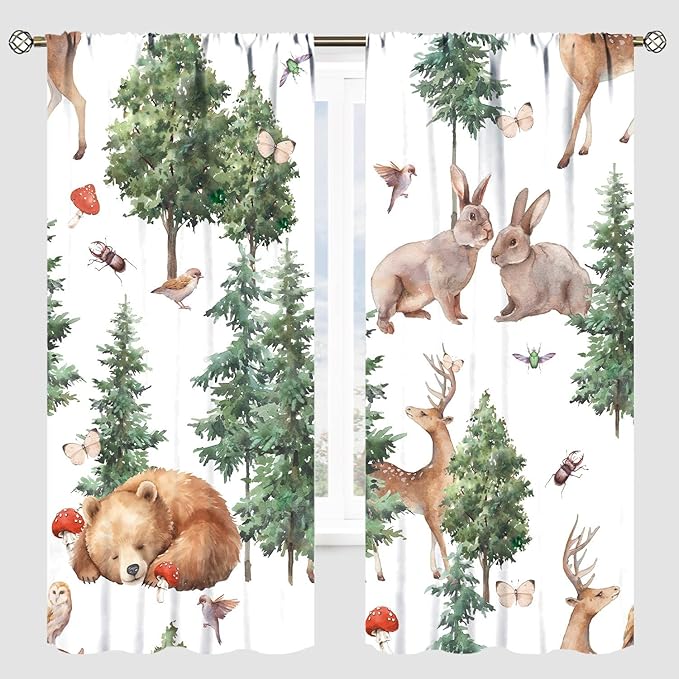 YCness Forest Animal Curtains, Wild Animals Watercolor Woodland Bear Rabbit Cartoon Window Treatments for Kids Bedroom Living Room Kitchen Living Room Drapes, 63x63 Inch
