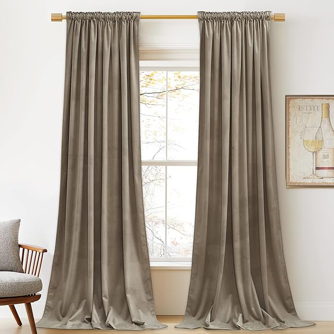 StangH 120 inches Long Camel Beige Velvet Curtains - Extra Long Thick Thermal Insulated Room Darkening Window Drapes for Hall, Back Tab Chill Resist Winter Curtain for Door, W52 x L120, 2 Panels