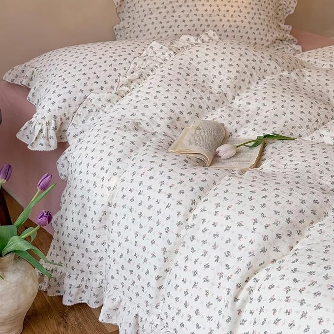 BuLuTu Pink Bellflower Print Duvet Cover Twin Muslin Cotton Comforter Cover for Toddler Kids Children Girls Boys, Lightweight Soft Quilt Covers, Zipper Closure, 4 Ties, No Pillow