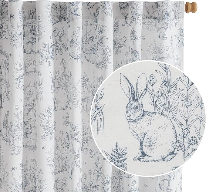 jinchan Linen Nursery Curtains 84 inch Long Woodland Wildlife Blue Print Drapes for Kid's Room Light Filtering French Country Farmhouse Curtains with Bunny and Forest Design Set of 2 Panels