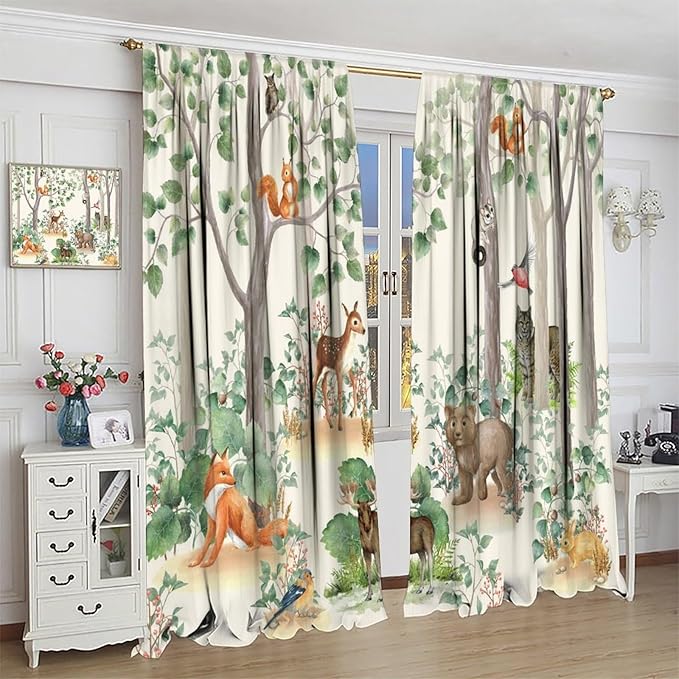 Woodland Animal Curtains, Cartoon Wild Rustic Forest Animals Pattern Blackout Window Treatments, Rod Pocket Thermal Insulated Drapes 2 Panel Sets for Kids Bedroom Nursery Classroom, 42" W X 63" L