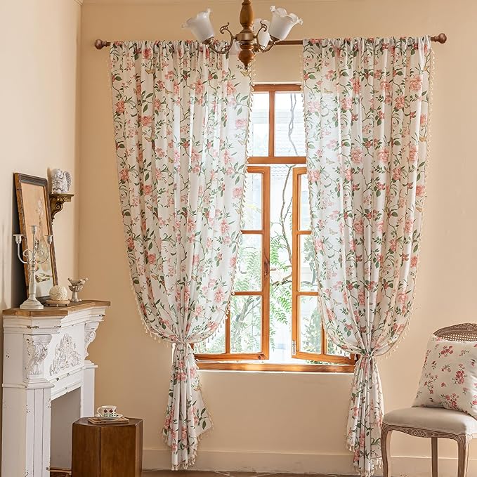 ENJOYBRIDAL Pink Floral 84 Inch Curtains for Bedroom Living Room Drapes Semi Sheer Boho Rod Pocket Farmhouse Window Curtains 2 Panel Sets Floor Length Light Filtering Vintage Cute Window Treatments